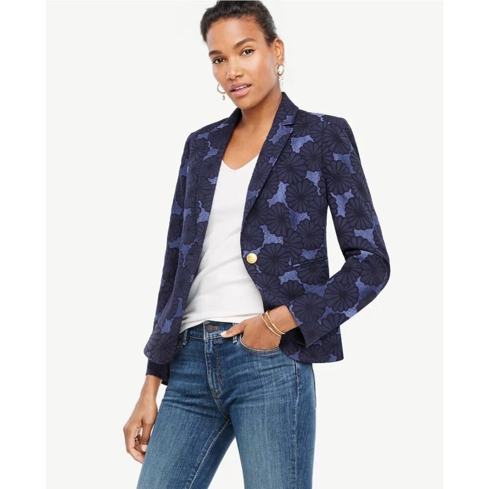 Ann Taylor Navy Blue Floral Cropped Blazer